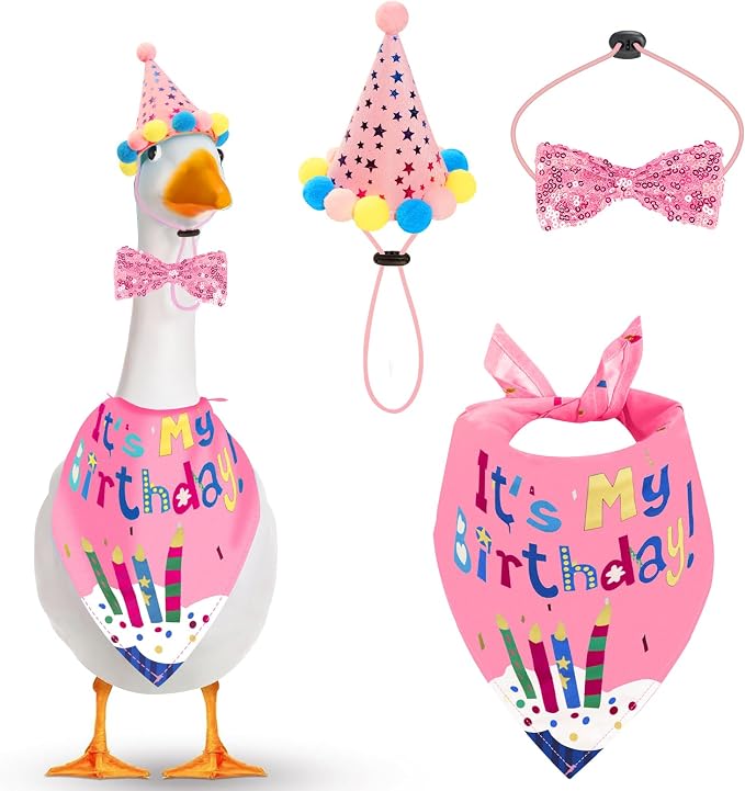 Birthday Outfit Set for Porch Goose Statue 23"& 17" - Party Bandana, Hat & Bow Tie for Outdoor Yard Decor, Cement Goose