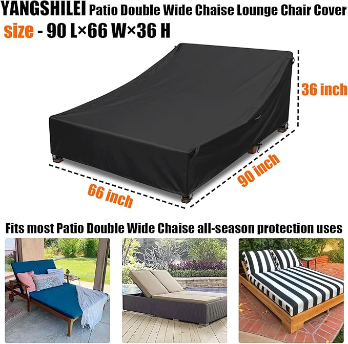 Outdoor Double Chaise Lounge Chair Cover Waterproof Weather-Resistant Polyester Outdoor Furniture Protection Cover 90D x 66W x 36H for Extra Large Patio Double Chaise Loungers & Sunbed Daybed, Black