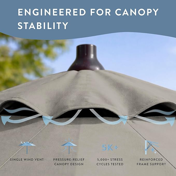 California Umbrella 8-Year Protection 9 Ft Outdoor Patio Umbrella, Solstice Fade-Resistant Fabric, Auto-Tilt, Heavy Duty Aluminum Frame, 8 Reinforced Ribs for Pool or Deck, Bronze Pole, Woven Granite