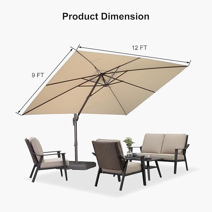 PURPLE LEAF 9' X 11.5' Rectangle Cantilever Umbrella with Base Patio Umbrella Outdoor Aluminum Antique Bronze Offset Hanging Umbrella with 360-degree Rotation for Pool Garden Backyard Deck, Beige