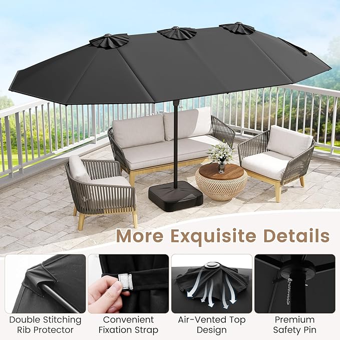 Tangkula 15FT Double-Sided Patio Umbrella with Base, Extra-Large Market Umbrella W/Crank System, Outdoor Twin Umbrella W/ 12-Rib Metal Structure & Air Vents for Garden, Backyard, Poolside