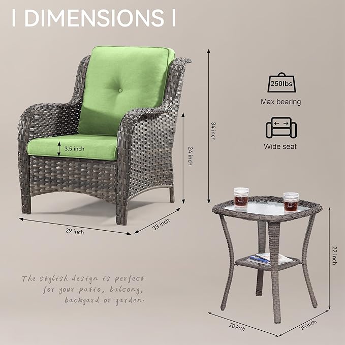Wicker Chair Set 3-Piece Wicker Outdoor Furniture Conversational Sets with Two Armchairs & One Rattan Side Table, Olefin Cushions Included, Green