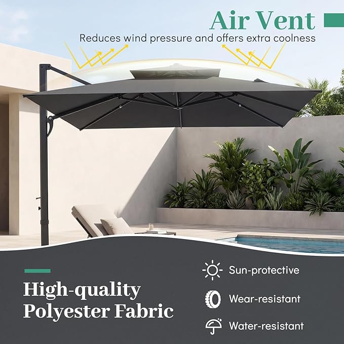 Tangkula 10 FT Patio Cantilever Umbrella, Large Square Offset Hanging Umbrella w/ 360° Rotation, 8 Sturdy Ribs, Air Vent & Cross Base, Heavy-Duty Outdoor Sun Shade for Backyard Pool Garden Deck, Grey