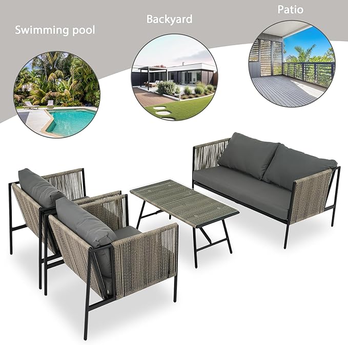 4-Piece Outdoor Furniture Set, Rope Sofa Set with Thick Cushions and Toughened Glass Table Patio Conversation Sets for 4 Person with Loveseat, Gray