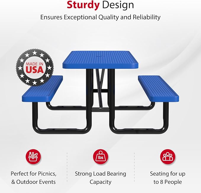 Leisure Craft Metal Picnic Table with Bench - 8 ft Rectangle Outdoor Dining Table for 8, Umbrella Hole, Weatherproof Heavy Duty Thermoplastic Coating, Commercial Grade Furniture Made in USA - Blue