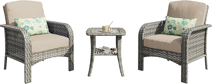 3 PCS Outdoor Patio Furniture Set with Side Table, All-Weather Rattan Wicker Outdoor Conversation Set with Thickened Cushions for Balcony Backyard Garden Lawn,Beige