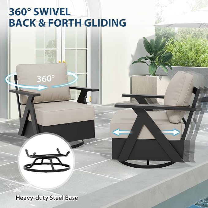 COOS BAY Iron Luxe 4 Piece Outdoor Patio Furniture Set, Modern Patio Conversation Set with 2 Swivel Rocking Chairs, a 3 Seat Couch & Coffee Table for Deck, Garden, Porch, Black/Beige