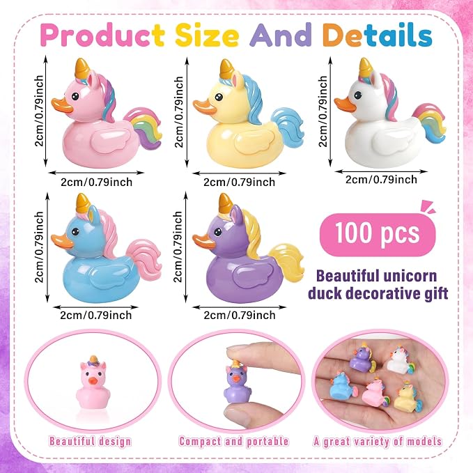 Novabright 100 Pcs Mini Resin Unicorn Ducks Colorful Tiny Resin Unicorn Ducks Figures to Hide Small Animal Statue for DIY Cake Craft Garden Landscape Ornament Potted Decoration Birthday Party Supplies