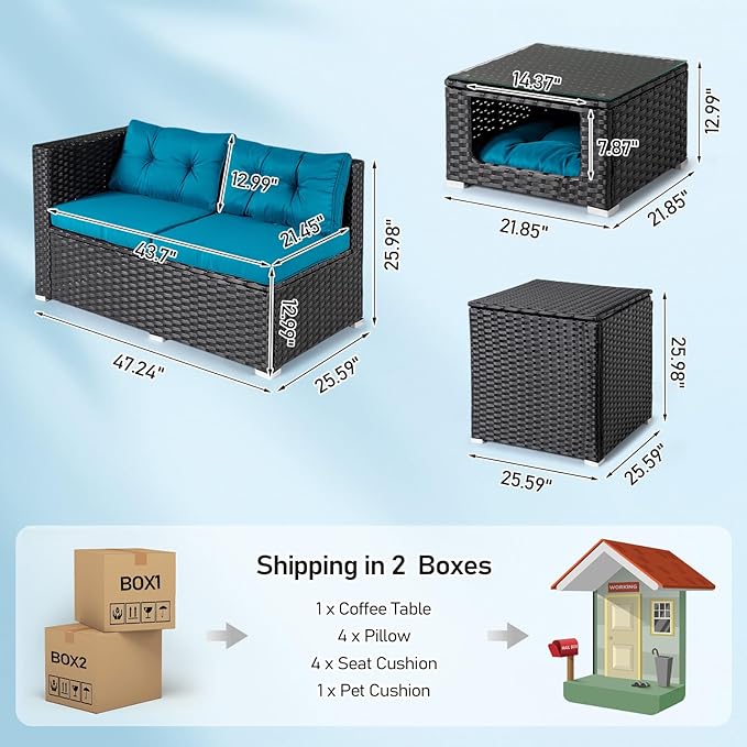 VINGLI 4 Pieces Outdoor Sectional Wicker Patio Furniture Set, Patio Sectional Sofa with Hidden Storage Outdoor Conversation Set, Glass Top Coffee Table for Backyard, Pool, Garden(Black)