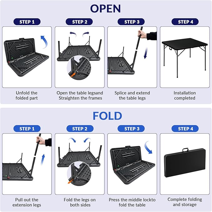Lakhow 34" Square Folding Table, Plastic Commercial Folding Card Table with Collapsible Legs for Kitchen or Outdoor Party Wedding Event Indoor Outdoor Use, Black