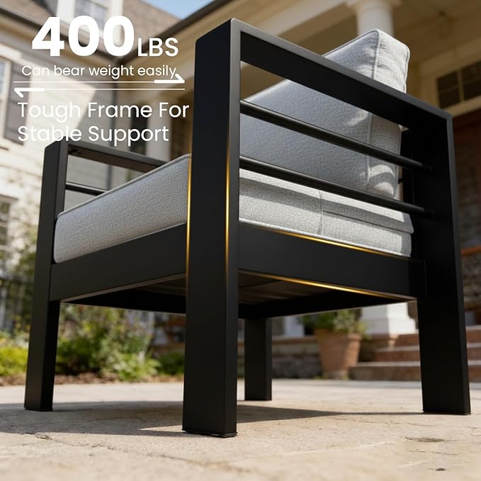 LayinSun Aluminum Furniture Set with Fire Pit Table, 5 Pieces Patio Sectional Conversation Chat Sofa Modern Seating Set