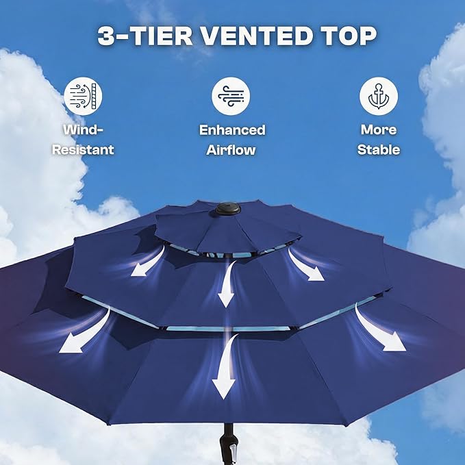 10ft 3-Tier Patio Umbrella with 32 Solar Powered LED Lights, Windproof Outdoor Market Umbrella for Deck, Poolside & Garden, Sturdy Push-Button Tilt Table Umbrella, Navy Blue