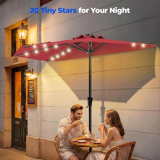 HOMSHADE 9FT Half Patio Umbrella with Solar LED Lights for Outdoor, Waterproof Half Umbrella for Small Spaces, Balcony, Deck(Red)