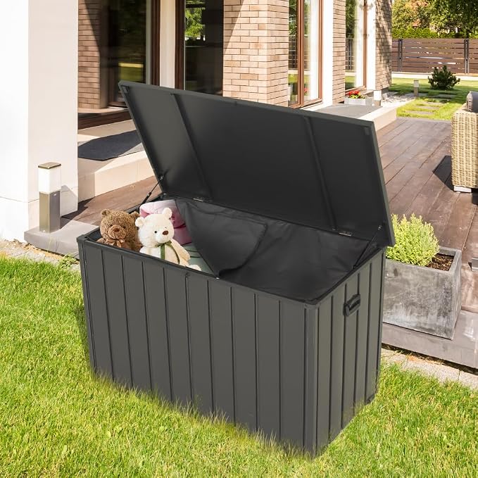 200 Gallon Waterproof Outdoor Storage Box for Patio, Deck or Garden - Large Lockable Storage Bench in Dark Gray (100 Gallon (Dark Gray) + Waterproof Storage Bag)