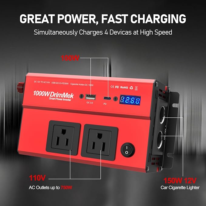 DrimMek 1000 Watt Power Inverters 12v to 110v for Vehicles - with Dual AC Outlets, 1000w Inverter with 3.0A USB and Type-C, 12v Inverter car Cigarette Lighter Battery for/Truck/RV/Emergency