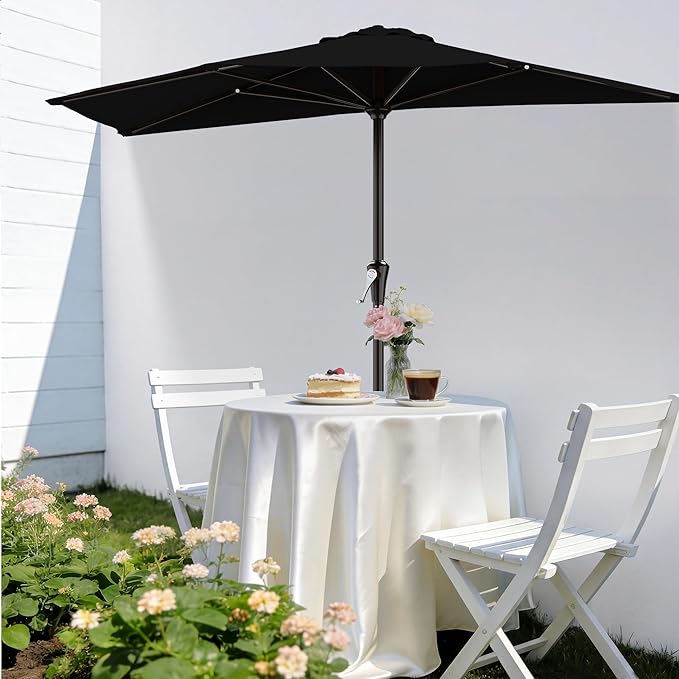 AreShark 9FT Half Patio Umbrella, Outdoor Wall Umbrella with Crank & 5 Sturdy Ribs, Table 1/2 Umbrella Patio for Garden, Deck, Balcony and Pool, Black