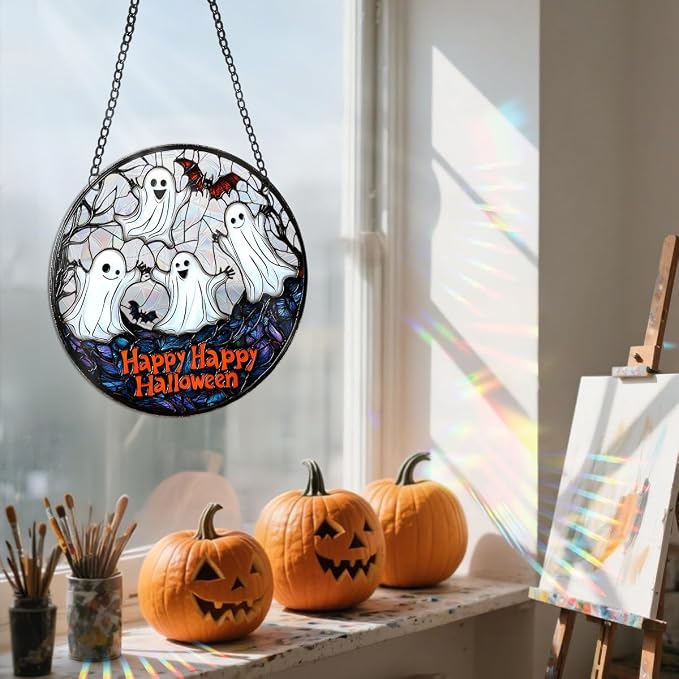 Acrylic Halloween Sun Catcher - 7.87 Inch Ghosts Round Suncatcher for Window Hanging Decoration - Creates Indoor Rainbows Light Refraction - Spooky Ghost, Witch, Pumpkin Design