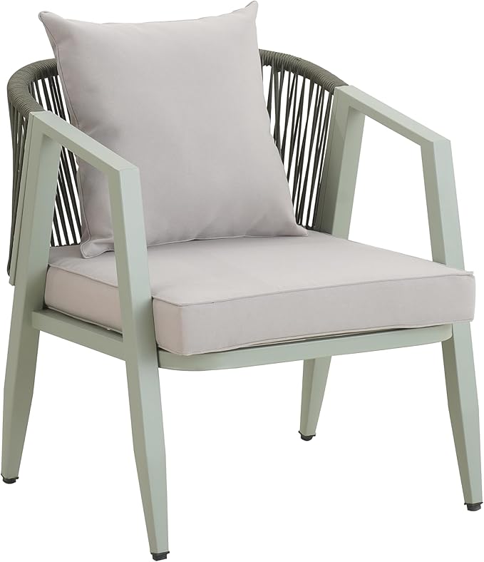 GDFStudio Aoxwe 4 Piece Outdoor Conversation Set, Rope Woven Club Chairs, Woven Open Back Loveseat, Slats Panel Design Coffee Table, Iron Frame Sectional Conversation Set for Poolside, Green