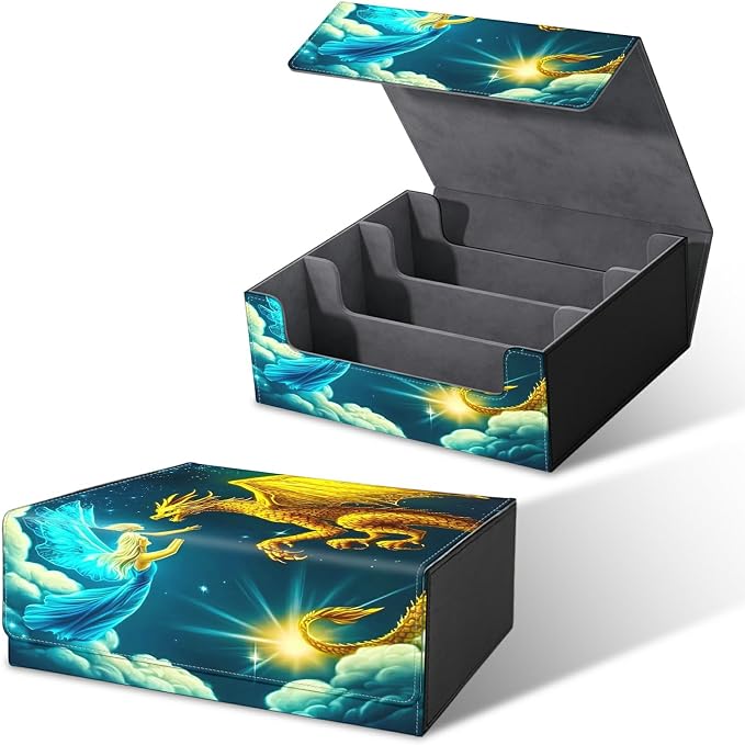 Card Deck Box for MTG, Cards Storage Box Fits 120+ Sleeved, Leather Big Size Strong Magnetic Closing Case for Board Games Magic TCG CCG Baseball Collection Women Man, Yellow Dragon Girl