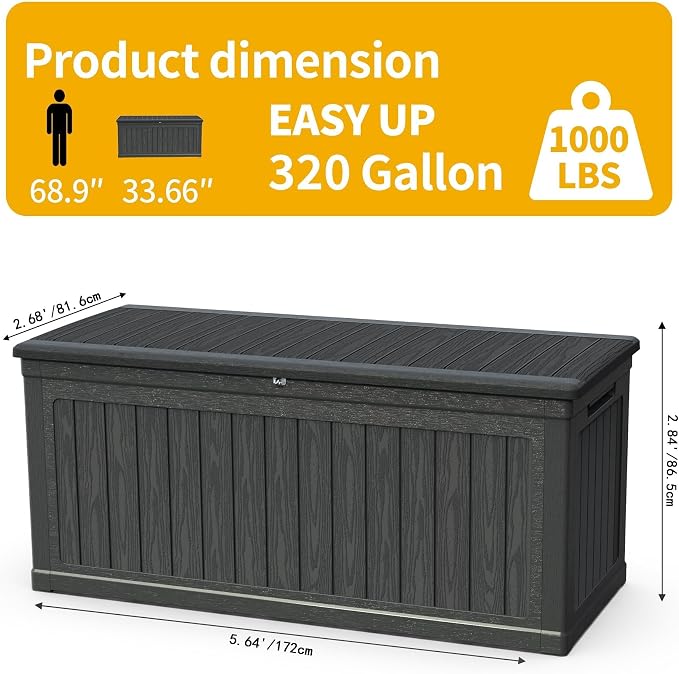 320 Gallon Waterproof Outdoor Storage Box, Lockable Deck Boxes With Handle, Indoor and outdoor Resin Storage Box for Garden Tools, Patio Cushions, Package Delivery, Black