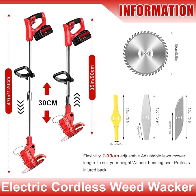 Electric Cordless Weed Wacker, 21V Electric Weed Wacker Eater with Battery Charger, 3 in 1 Grass Trimmer with 4 Types Blade, Lightweight Adjustable Design for Lawn, Yard