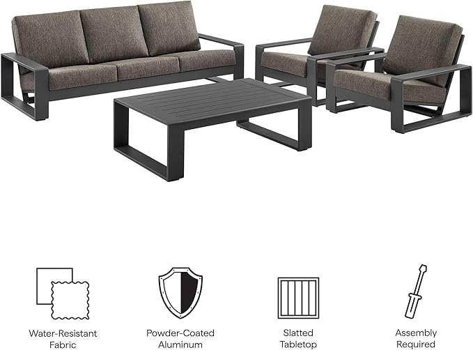Modway Lirienne Aluminum 4-Piece Outdoor Furniture Set in Smoke – Patio Conversation Set with 3-Seater Sofa, 2 Armchairs & Coffee Table
