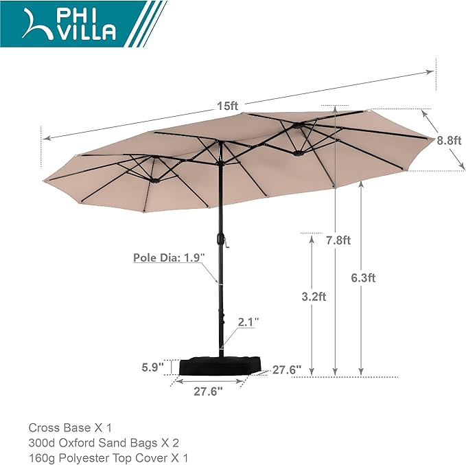 PHI VILLA 15FT Patio Umbrella with Base, Large Double-Sided Outdoor Market Umbrella with Crank Lift, UV-Resistant Canopy for Poolside, Garden, Deck, Backyard, Khaki