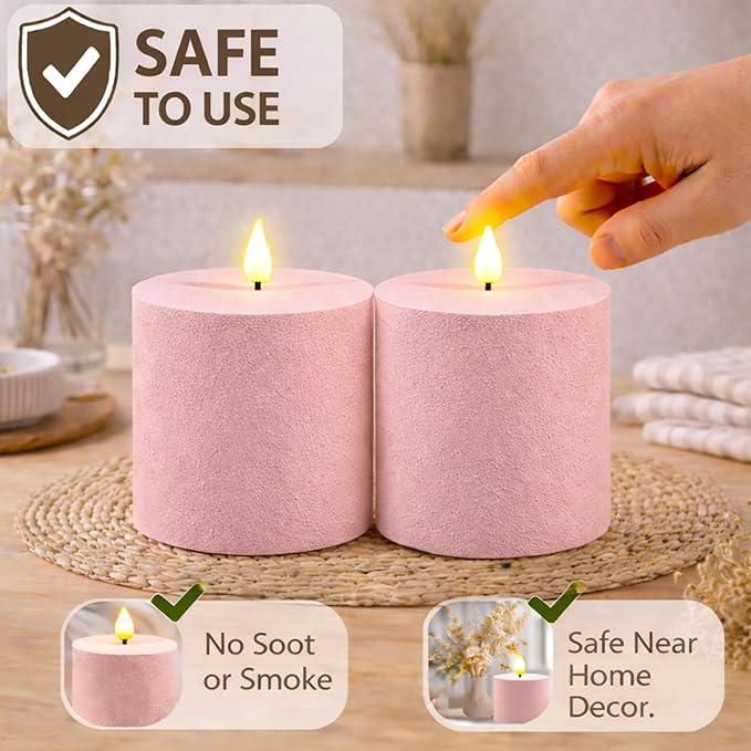 smtyle 4"x4" Pink Fake Candles Battery Operated Flameless Candles with Remote Sculptural Sand Texture Frosted Plastic Minimalist Decorative Set of 2