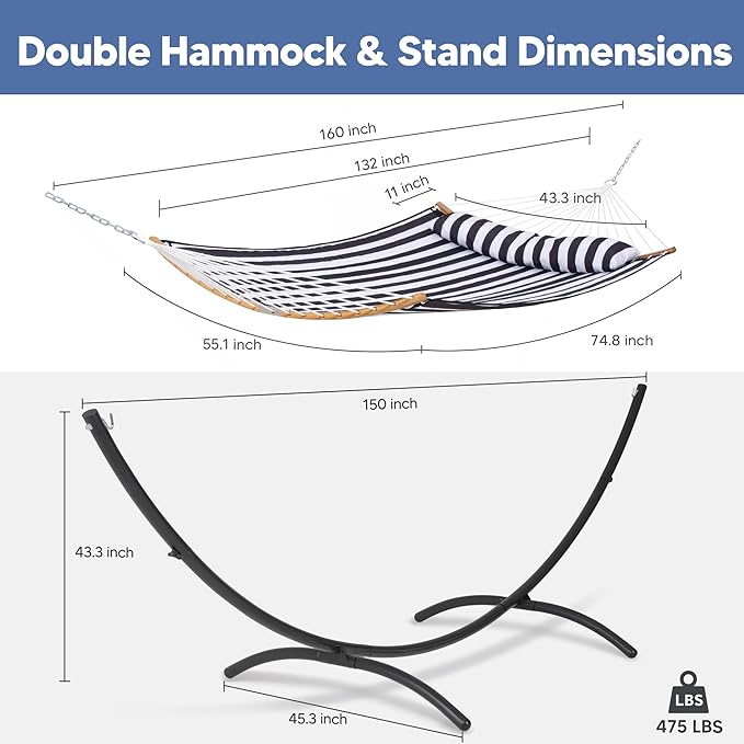 SUNCREAT Hammocks for Outside with Stand, Porch Hammock and Stand, 475 lbs Capacity, Patent Pending, Black & White