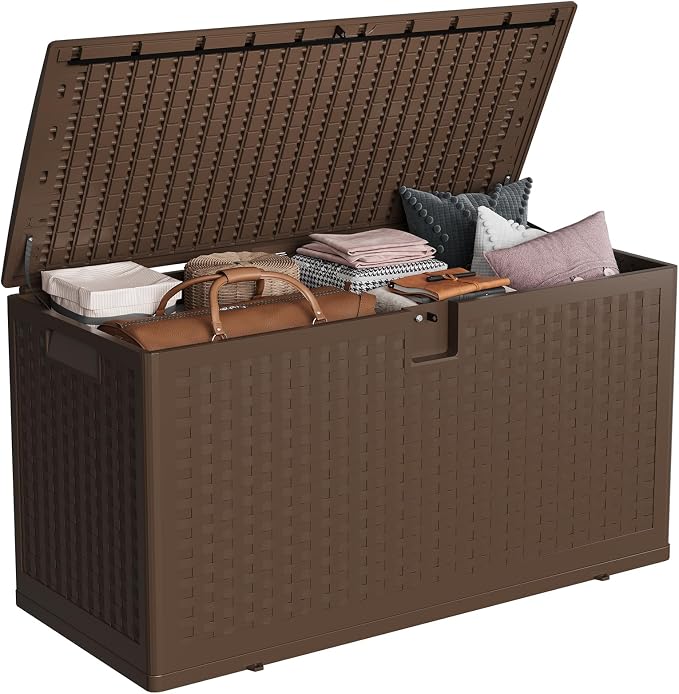 Jojoka Brown Resin Deck Box, Waterproof & Lockable Outdoor Storage Box, Patio Square Container for Package Delivery, Furniture Cushions, Garden Tools and Pool Accessories