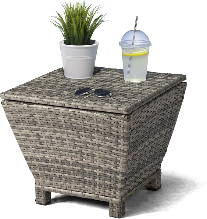 HOMSUPPLIE'S 13 Gallon Outdoor Side Table with Storage Space, Waterproof Wicker Patio Deck Box, Rattan End Table with Hidden Storage for Pool Towels, Toys & Garden Tools(Grey,Trapezoid)