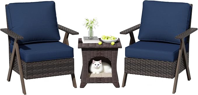 Patio Porch Furniture Chairs Set, 3 Pieces PE Rattan Wicker Chairs with Side Table, Outdoor Garden Furniture Sets for Garden Backyard Porch Poolside