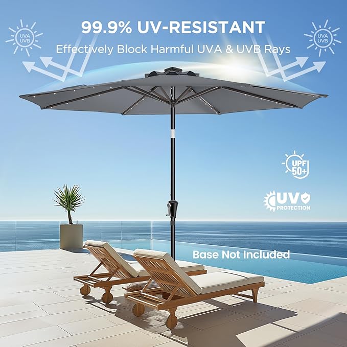 HOMSHADE 9ft Solar Patio Umbrella - Solar Lights LED Lighted Outdoor Market Table Umbrella, UPF50+ UV Protection with Push Button Tilt, Crank for Pool Deck and Garden (Dark Grey)