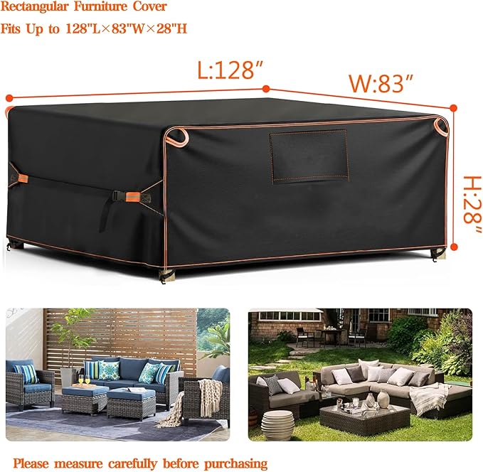 Patio Furniture Cover, Outdoor Furniture Covers Waterproof, Heavy Duty 600D Sectional Sofa Set Covers Table and Chair Set Cover with Reflective Strips 128" L×83" W×28" H