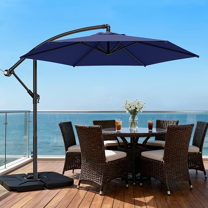 AreShark 10FT Patio Outdoor Umbrella, Offset Patio Umbrella Cantilever Umbrella, 6 Sturdy Ribs, Easy Adjustment for Garden Market Pool with Cross Base (Navy)