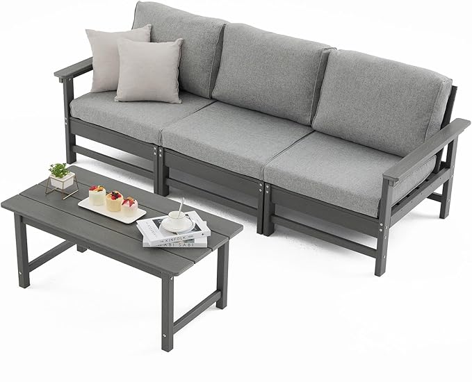 HDPE Outdoor Patio Furniture Set with Cushions, 4 Piece Patio Conversation Set Sofa Set,All Weather Outdoor Couch Set with Coffee Table for Lawn, Garden, Deck