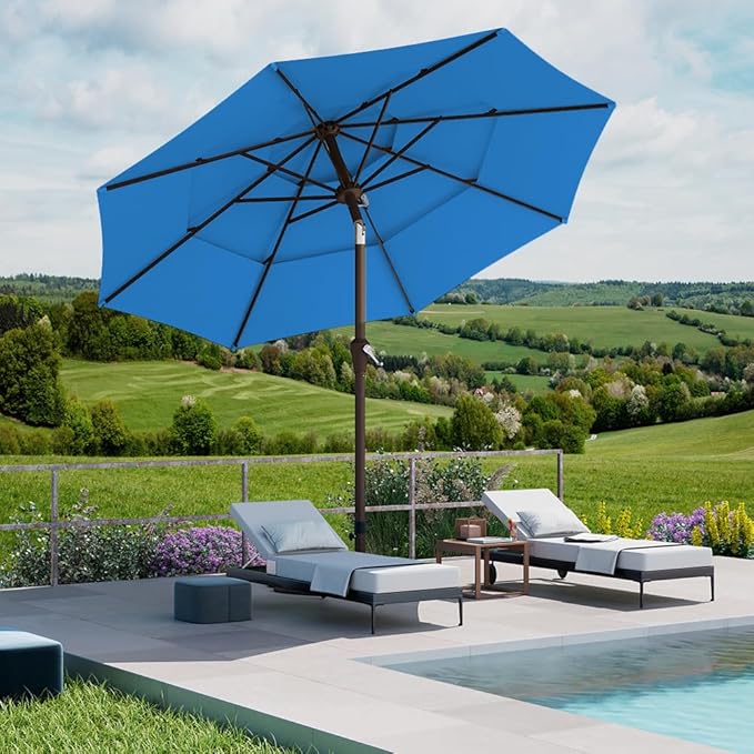 PatioKingdom 9ft 3-Tier Patio Market Umbrella with Crank/Tilt, Commercial Heavy Duty Wind Proof,Outdoor Table Umbrella with 8 Fiberglass Ribs,UPF50+ for Deck,Pool,Garden,Backyard (Royal Blue)