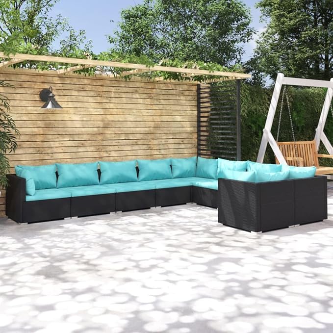 9 Piece Patio Lounge Set with Cushion, Outdoor Patio Sectional Patio Lounge Set Furniture Conversation Sets Piece Patio Set s Poly Rattan Black