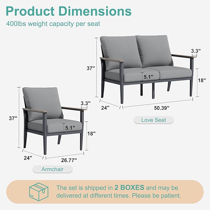 4-Seat Outdoor Patio Furniture Set Aluminum Sectional Sofa Set, Patio Conversation Set with High Backrest & Thickened Cushions for Garden, Backyard, Poolside, Grey