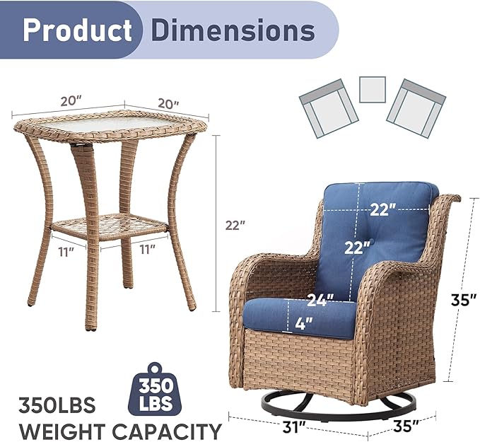 Outdoor Swivel Rocker Patio Chairs-Wicker Patio Swivel Chairs Set of 2 with Side Table PE Rattan Patio Furniture Set for Porch Deck Balcony Garden-Yellow/Blue