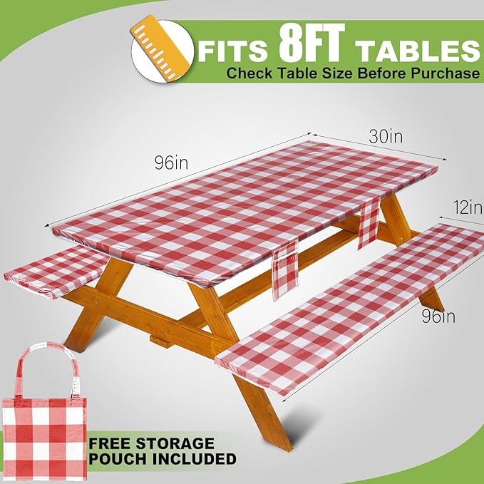 Picnic Table Cover with Bench Covers Vinyl Elastic Edges Fitted Rectangle Seat Tables Waterproof 3-Piece96X30in Set Outdoor Rectangular Folding Backing Tablecloth for Camping Over Size