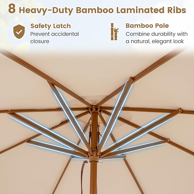 HAPPYGRILL 9 FT Patio Umbrella, Outdoor Table Market Umbrella with 8 Sturdy Bamboo Ribs, Wood Pole, Sun-Protective Double-Tier Canopy, Air Vent, Sunshade Parasol for Garden Deck Backyard Pool (Beige)