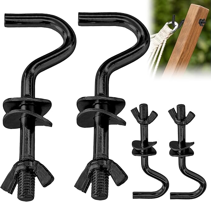 4 Pack Heavy Duty Hammock Hooks, Galvanized Metal Replacement Hardware for Hammock Stand, Fits 1-1/4 to 2 Inch Poles, 3/8 Inch Diameter S-Hooks for Indoor Outdoor Patio Swing & ChairBlack