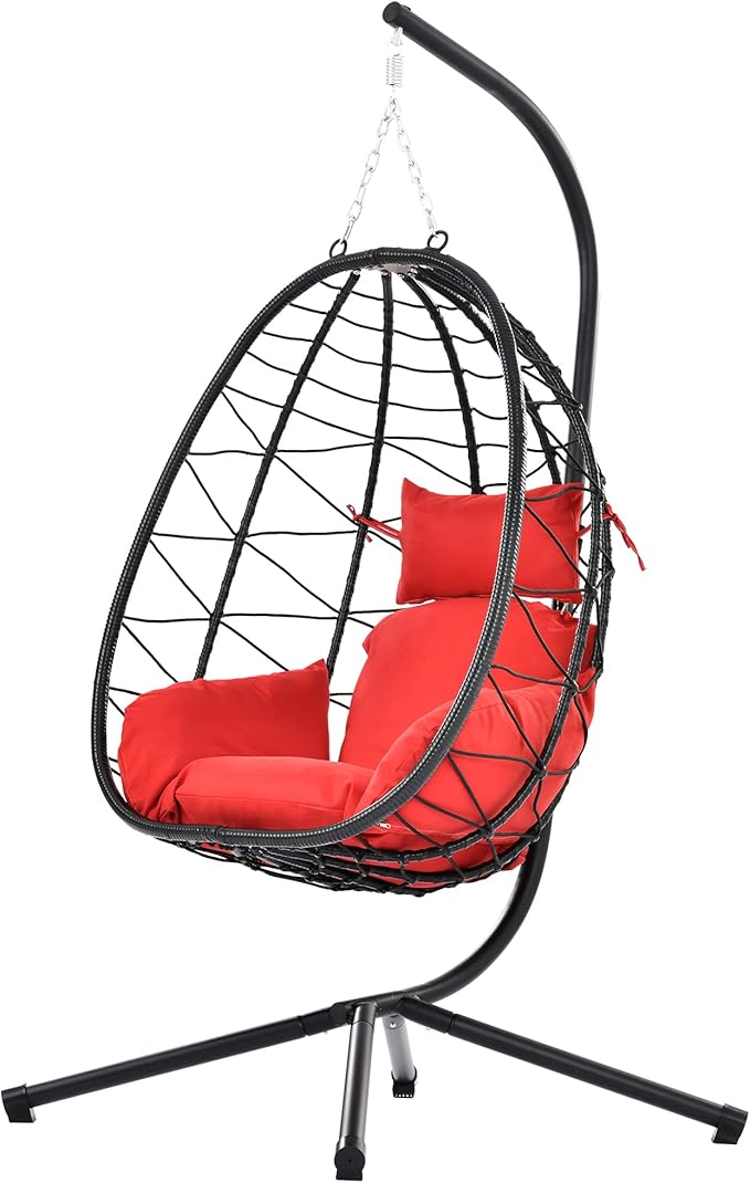 Hanging Egg Chair with Stand, Comfy Indoor/Outdoor Rattan Swing Hammock Chairs, 350lbs Capacity for Patio, Bedroom, Garden (Red)