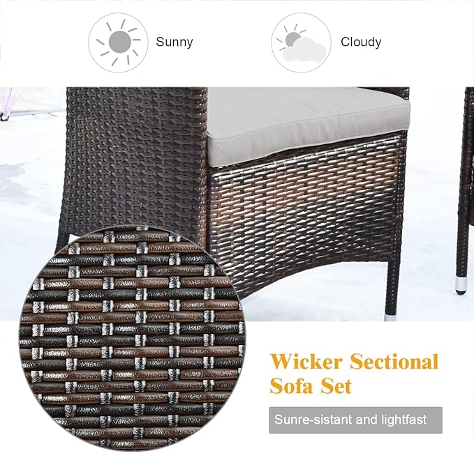 8 Pieces Patio Sofa Set, Patio Rattan Furniture Set with Ergonomic Curved Backrest, Water-Resistant Cushion & Tempered Glass Table for Balcony, Porch (Gray)