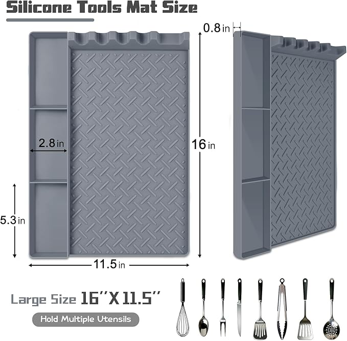 Silicone Griddle Tools Mat for Blackstone, Silicone Grill Mat with Drip Pad, Side Shelf Mats Grill Pad Spatula Mats for Outdoor Grill Kitchen Countertop, BBQ Accessories Gifts for Men (Gray)