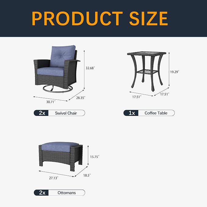 5 Pieces Outdoor Patio Furniture Set, Wicker Patio Sectional Set Conversation Wicker Swivel Chairs with Small Side Table