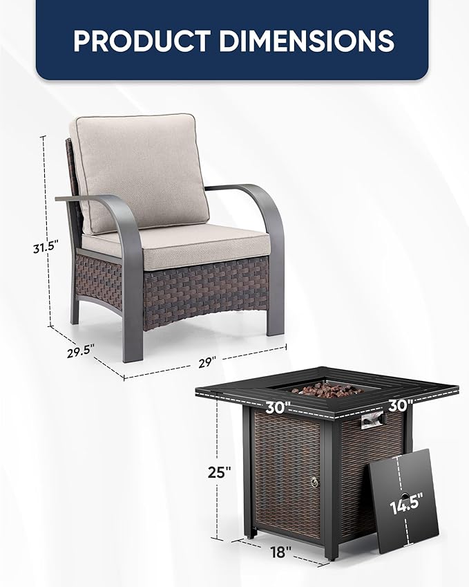 HUMMUH Patio Furniture Set with Fire Pit Table-Patio Chairs Set of 4 Outdoor Wicker Chairs for Deck Porch Garden Poolside Backyard-Brown/Beige