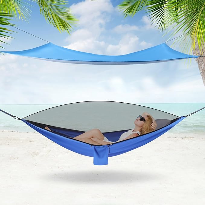 Blue Camping Hammock with Mosquito Net & Rain Fly Tarp, Lightweight Parachute Nylon Hanging Bed, Tree Straps & Carabiners, Bug Mesh Shelter Cover, Compact Backpacking Travel Swinging