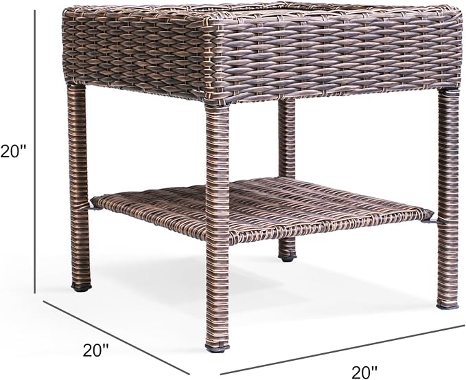 Cambridge Outdoor Wicker Side Table, 2-Tier All-Weather HDPE Rattan Patio End Table with HIPS Tabletop and Storage Shelf for Garden Porch Deck, Brown